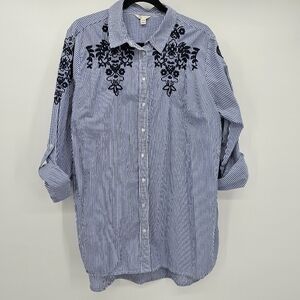 Cato Embroidered Long Sleeve Light Weight Tunic Stripe Button Down Blouse 18/20w